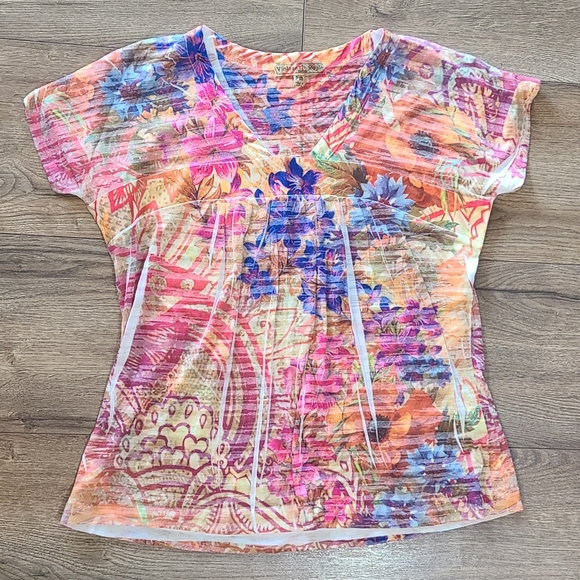 Lightly Worn! VINTAGE SUSIE - Cute Floral TieDye Style Top. Size Petite Medium. - Picture 3 of 5